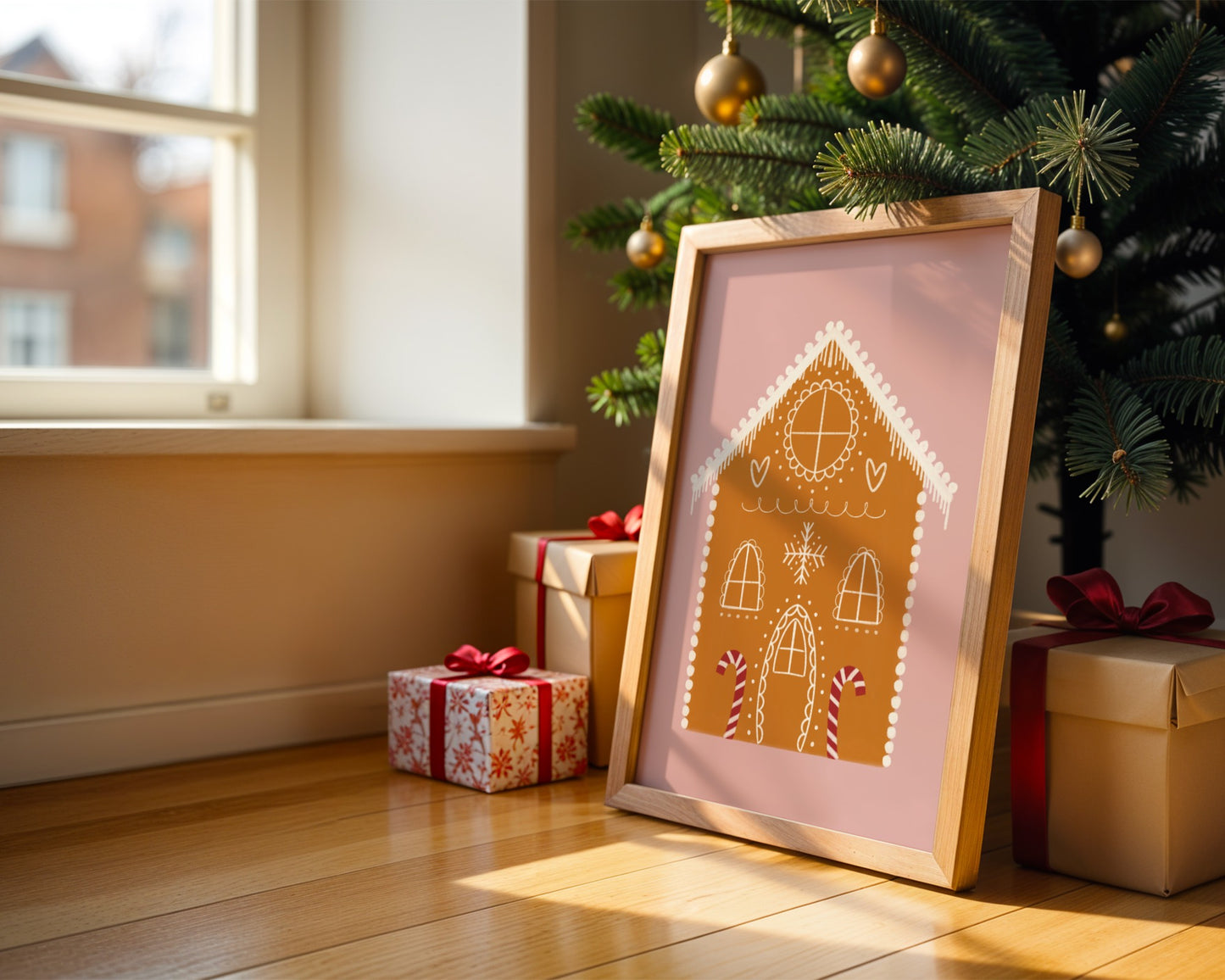 Framed gingerbread house illustration next to a Christmas tree and presents.