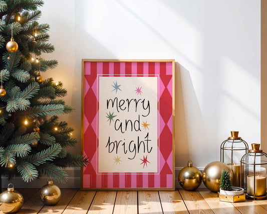 Decorative Christmas scene with a tree, lanterns, and a 'merry and bright' sign.
