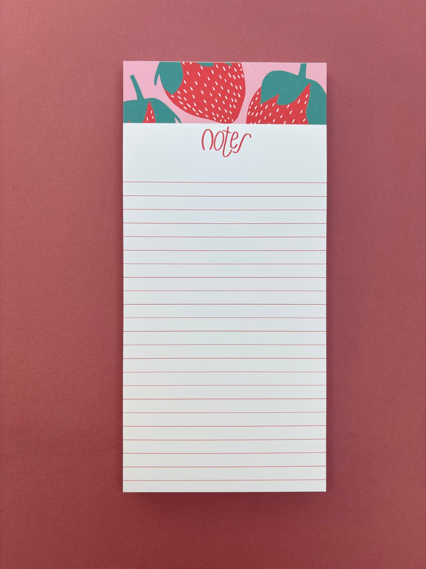 Narrow list pad with pink and red strawberry header and wording ‘notes’