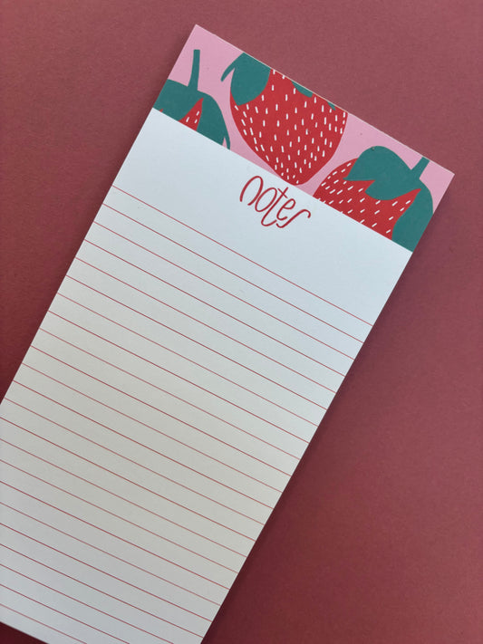 Narrow list pad with pink and red strawberry header and wording ‘notes’