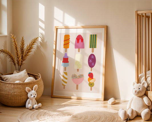 Bright and colourful kids wall art print featuring cheerful ice lollies in vibrant summer colours, perfect for nursery, playroom, or children’s room decor