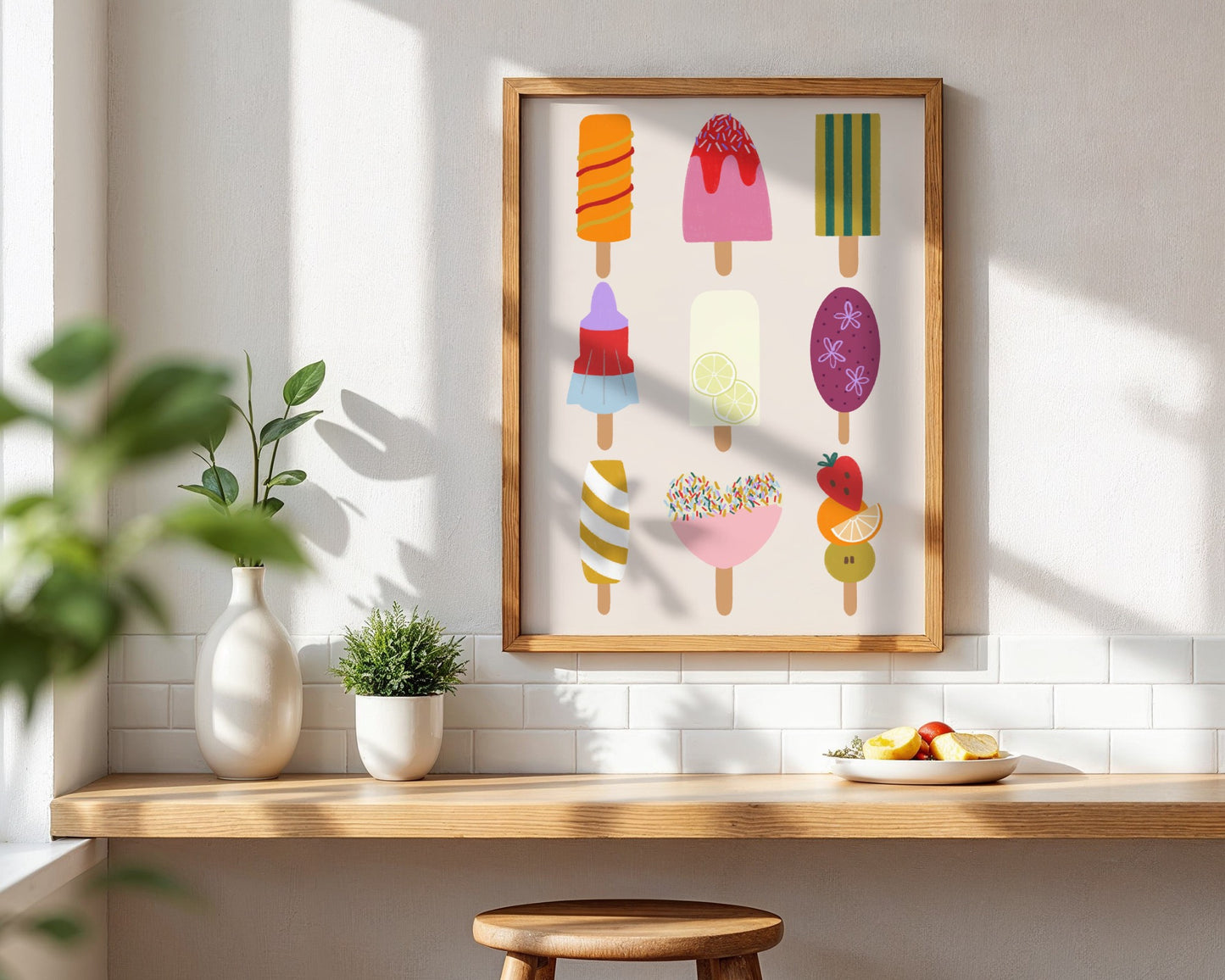 Bright and colourful kids wall art print featuring cheerful ice lollies in vibrant summer colours, perfect for nursery, playroom, or children’s room decor