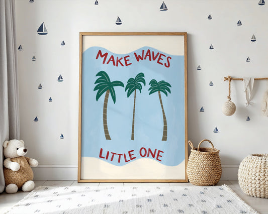 Kids beach themed wall art with blue background and three palm trees with wavy cream border and ‘make waves little one’ quote.
