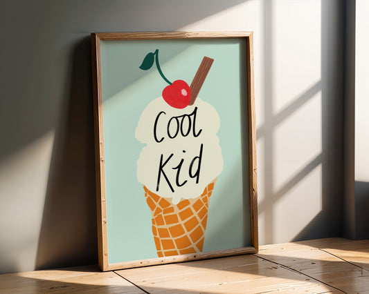 Kids wall art with ice cream and cool kid text in Fun pastel colours- perfect for nursery, playroom or children’s bedroom decor
