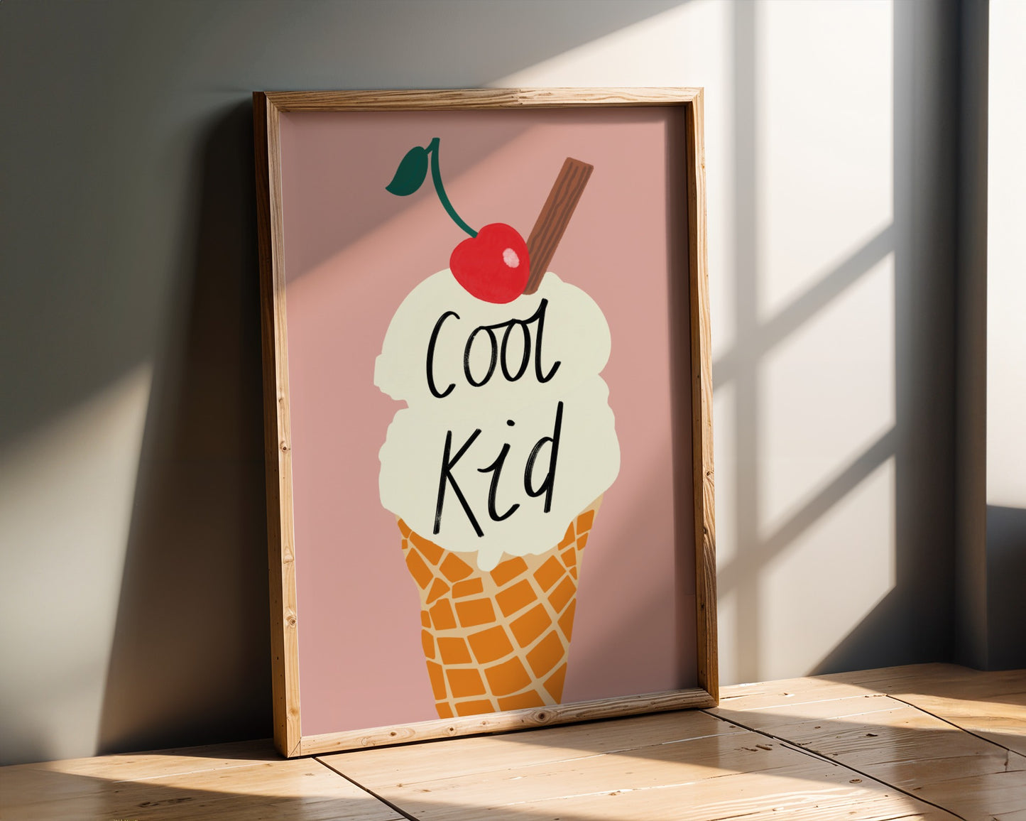 Kids wall art with ice cream and cool kid text in Fun pastel colours- perfect for nursery, playroom or children’s bedroom decor