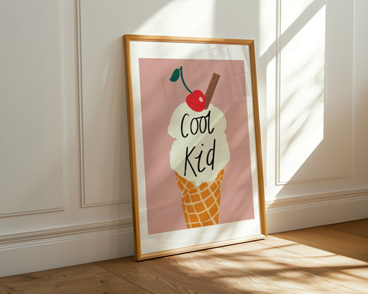 Kids wall art with ice cream and cool kid text in Fun pastel colours- perfect for nursery, playroom or children’s bedroom decor