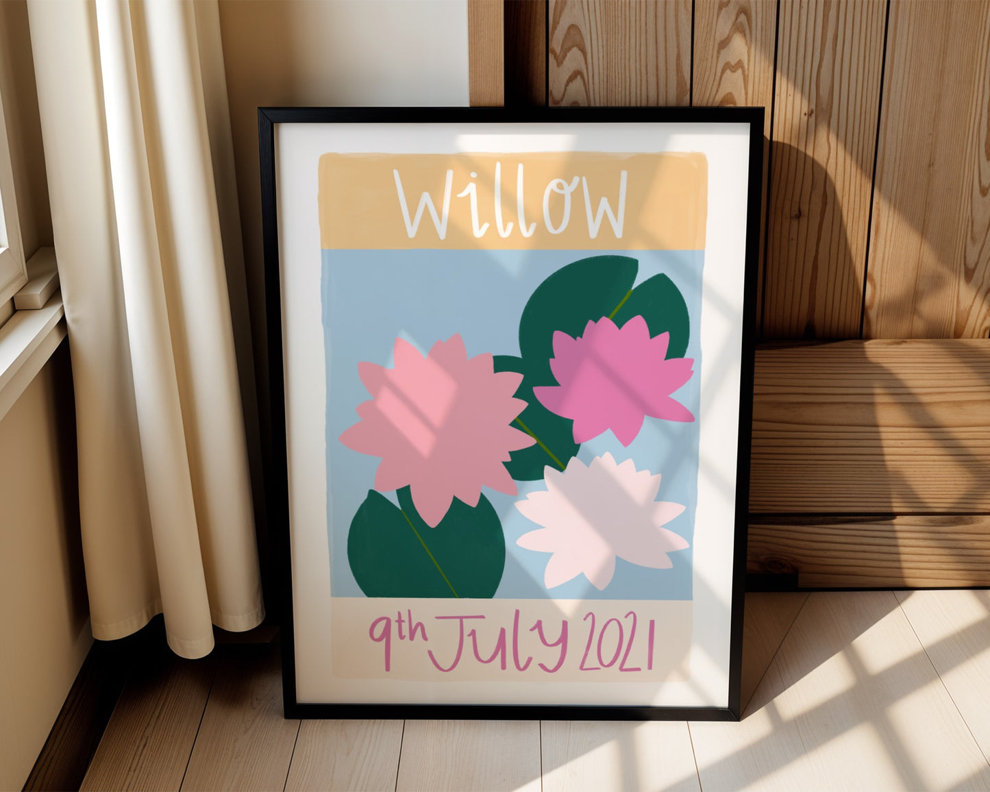 Personalised birth flower wall art for kids with custom name-colourful floral nursery print