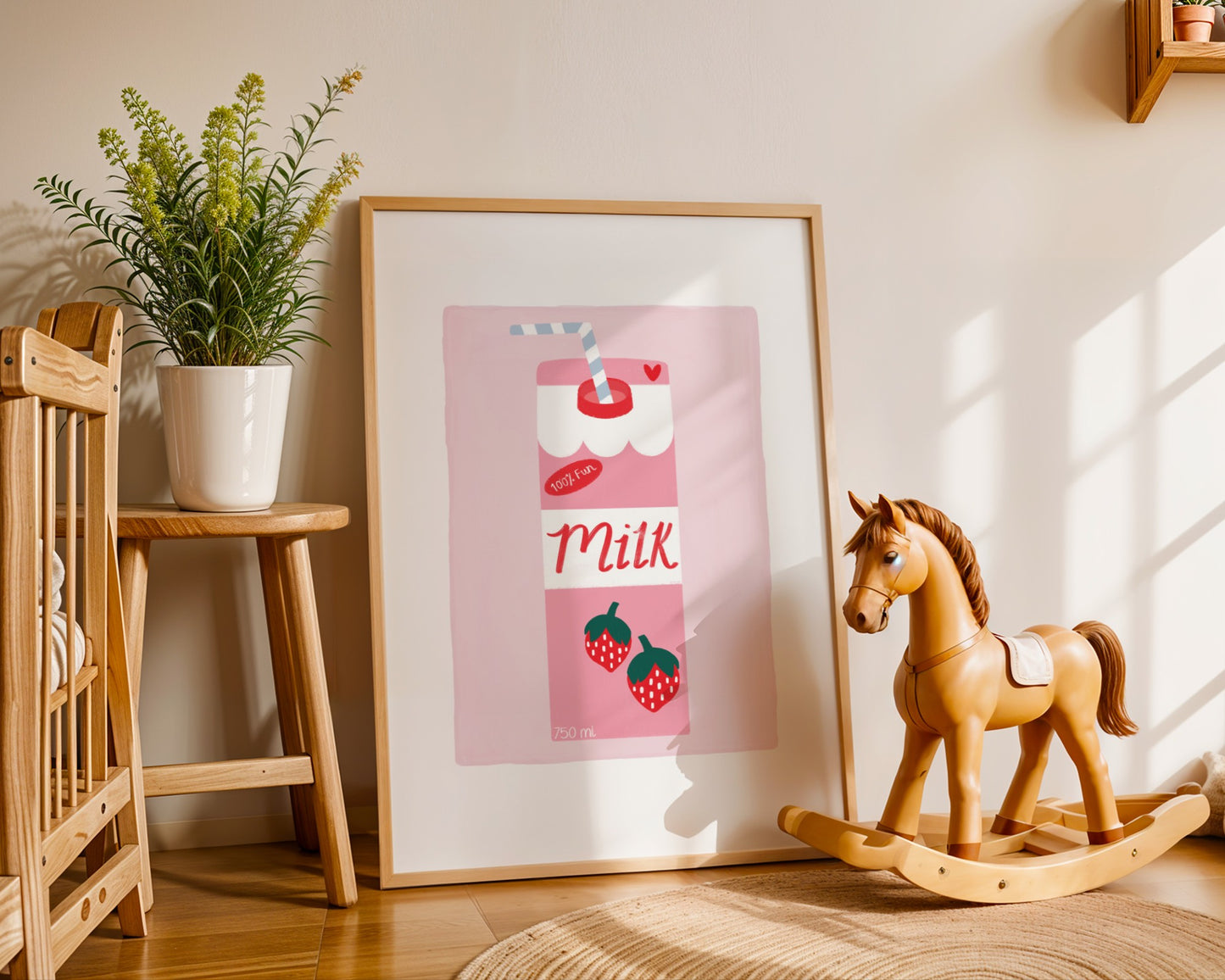 Kids wall art with pale pink background and white border with a strawberry milk carton illustration