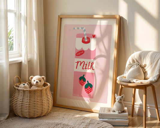 Kids wall art with pale pink background and white border with a strawberry milk carton illustration