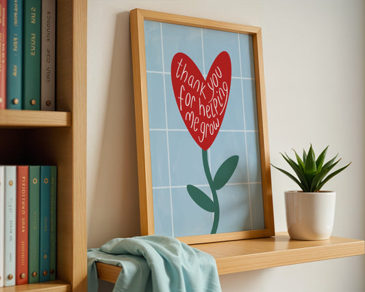 Personalised teacher wall art print featuring a heart shaped flower and the phrase ‘thank you for helping me grow’