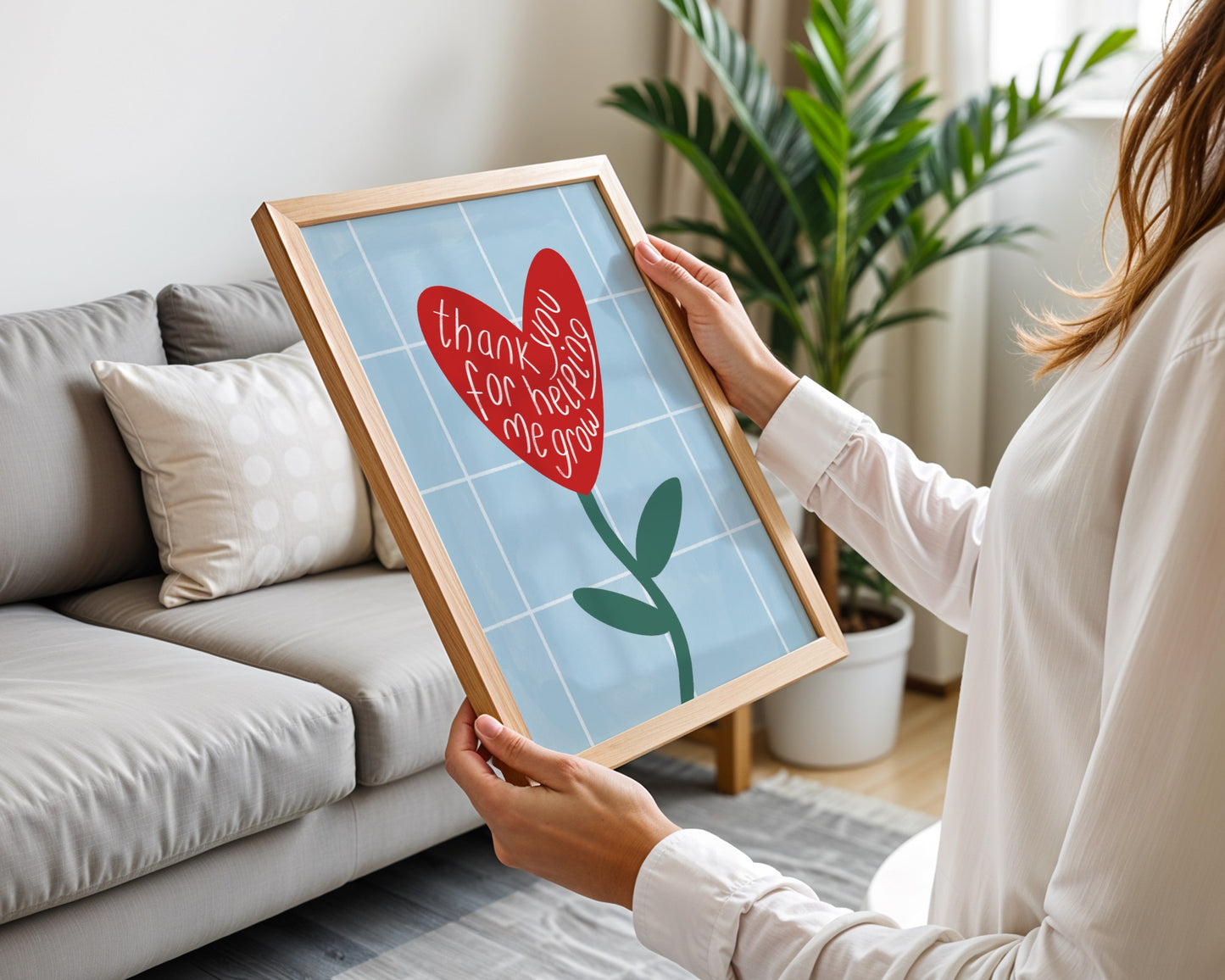 Personalised teacher wall art print featuring a heart shaped flower and the phrase ‘thank you for helping me grow’