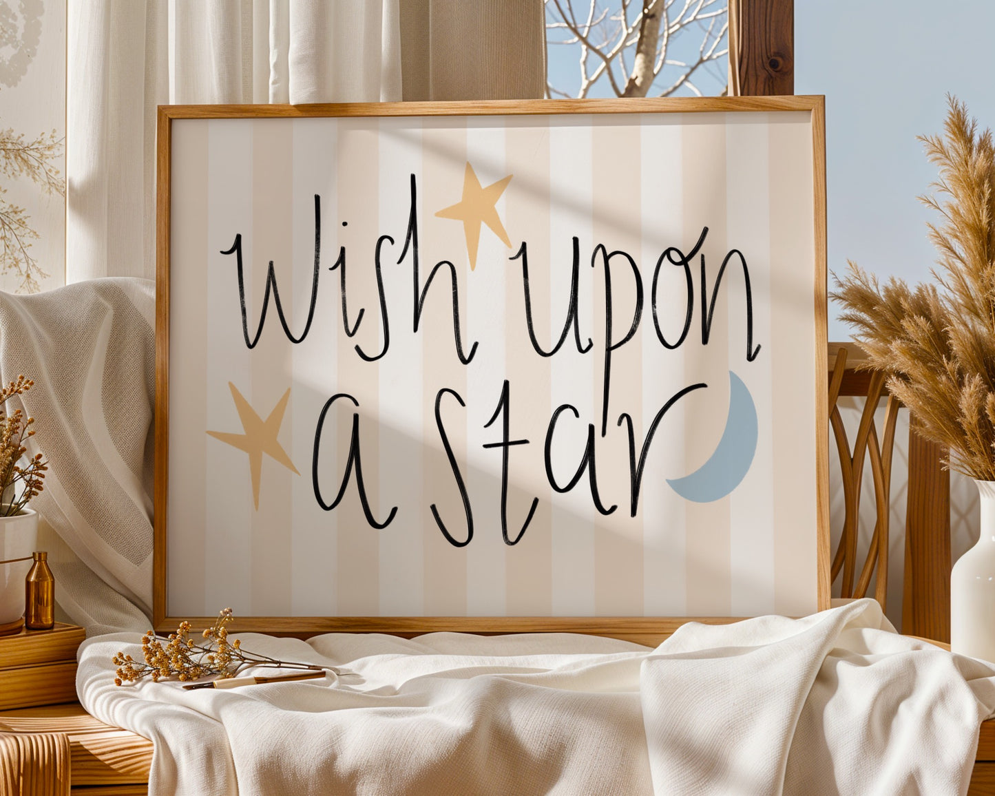 Neutral nursery wall art with ‘wish upon a star’ quote in soft beige and cream tones, minimalist kids room decor