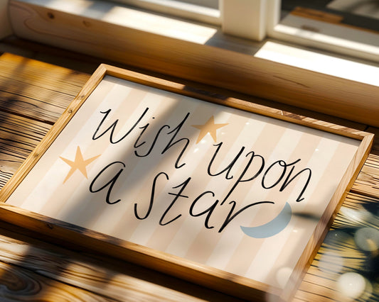 Neutral nursery wall art with ‘wish upon a star’ quote in soft beige and cream tones, minimalist kids room decor