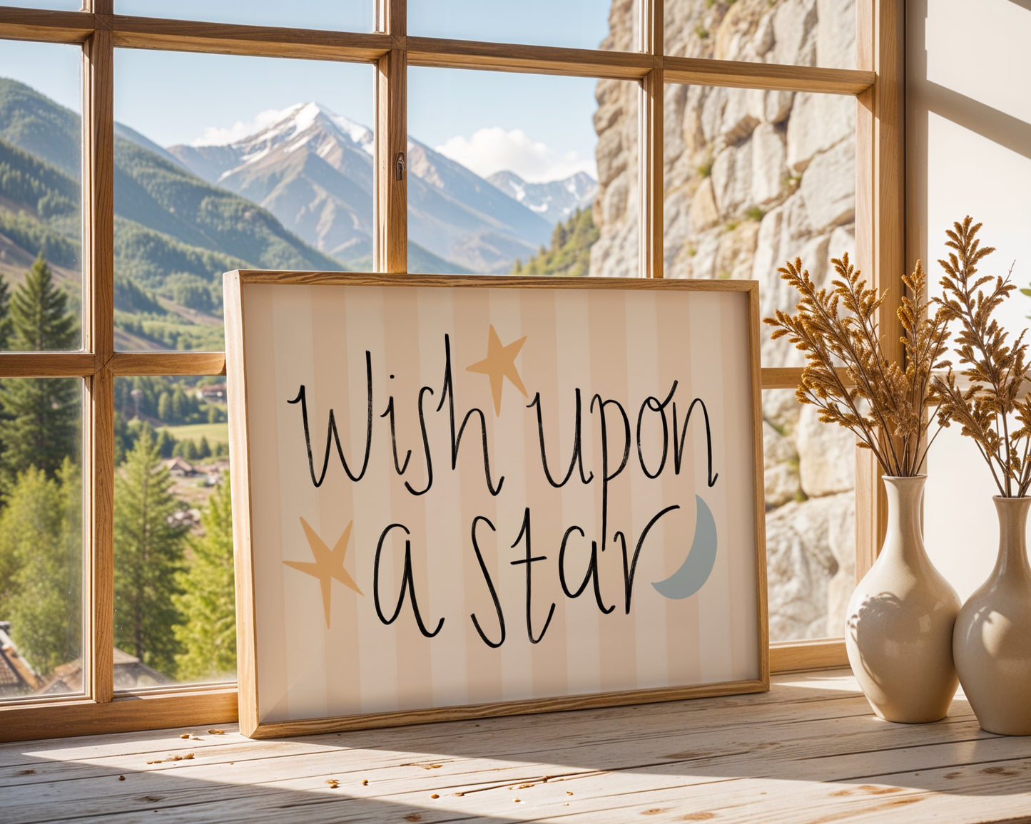 Neutral nursery wall art with ‘wish upon a star’ quote in soft beige and cream tones, minimalist kids room decor