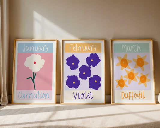 Personalised birth flower wall art for kids with custom name-colourful floral nursery print