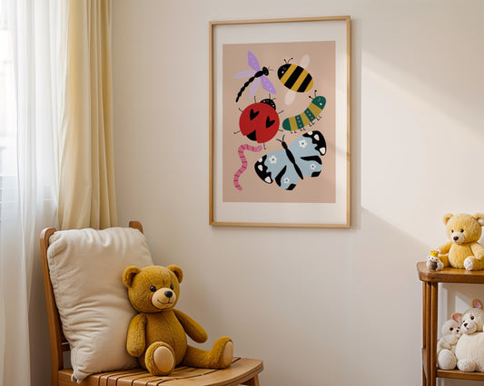 Kids wall art with beige background featuring bug illustrations of a pink and red worm, a blue butterfly, a red ladybird, a green and pink caterpillar, a bee and a purple dragonfly, all with cute faces.