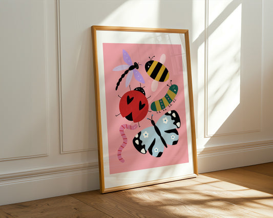 Kids wall art with pink background featuring bug illustrations of a pink and red worm, a blue butterfly, a red ladybird, a green and pink caterpillar, a bee and a purple dragonfly, all with cute faces.