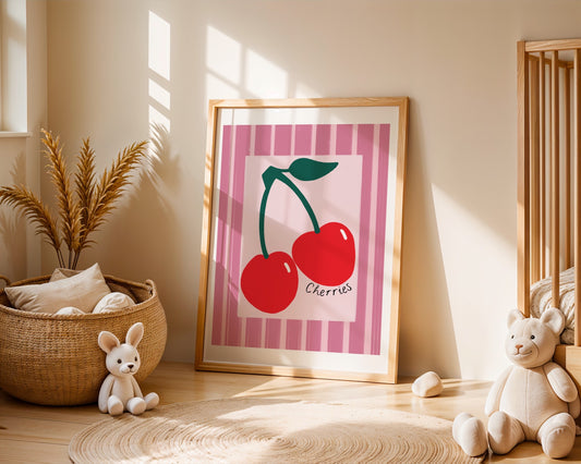 Kids art print with pink striped background,  lighter pink centre and red cherries illustration