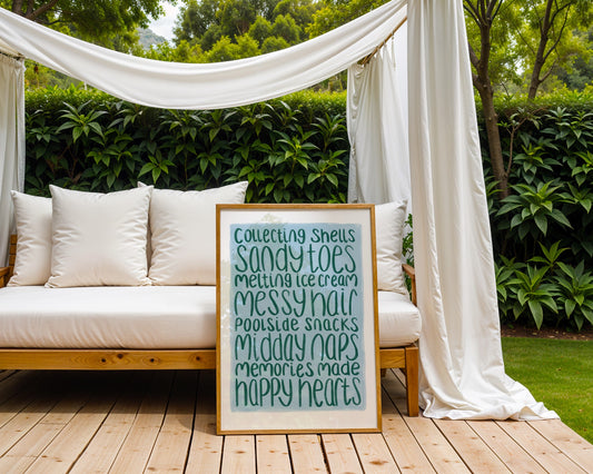 Kids wall art with white border, blue background and green text listing summer memories