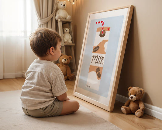 Kids wall art with pale blue background and white border with a chocolate milk carton illustration