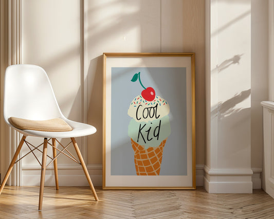 Kids wall art with blue background and mint and vanilla ice cream illustration with sprinkles and cherry on the top with the wording ‘cool kid’ 