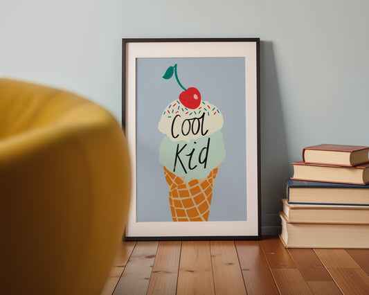 Kids wall art with blue background and mint and vanilla ice cream illustration with sprinkles and cherry on the top with the wording ‘cool kid’ 