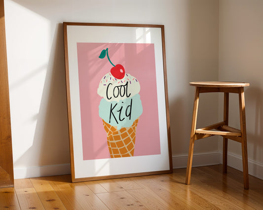 Kids wall art with pink background and mint and vanilla ice cream illustration with sprinkles and cherry on the top with the wording ‘cool kid’ 
