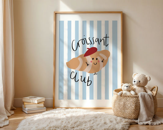 Cute kids wall art featuring striped background and a smiling croissant in a beret with the phrase croissant club in playful Lettering,  perfect for nursery or playroom decor 