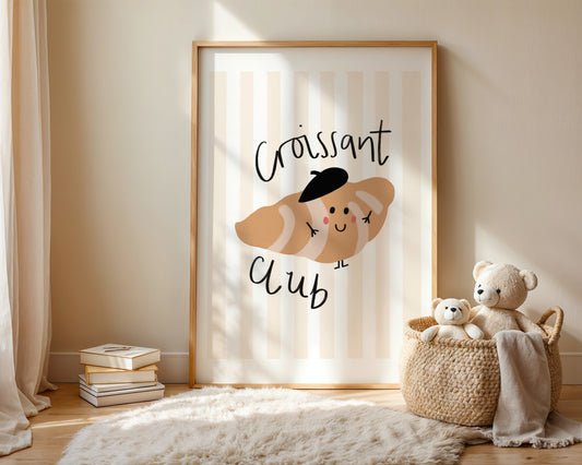 Cute kids wall art featuring striped background and a smiling croissant in a beret with the phrase croissant club in playful Lettering,  perfect for nursery or playroom decor 
