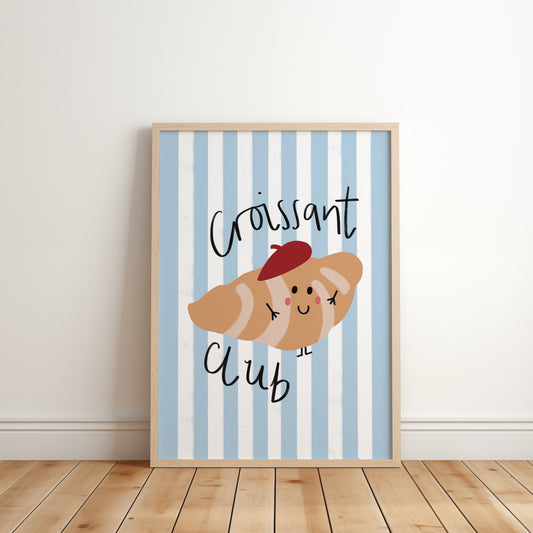 Cute kids wall art featuring striped background and a smiling croissant in a beret with the phrase croissant club in playful Lettering,  perfect for nursery or playroom decor 