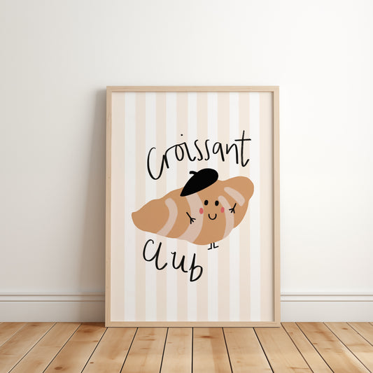 Cute kids wall art featuring striped background and a smiling croissant in a beret with the phrase croissant club in playful Lettering,  perfect for nursery or playroom decor 