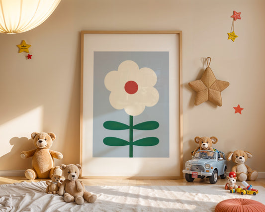 Kids wall art with bold white Daisy print and red pollen centre and four leaf stem on blue background