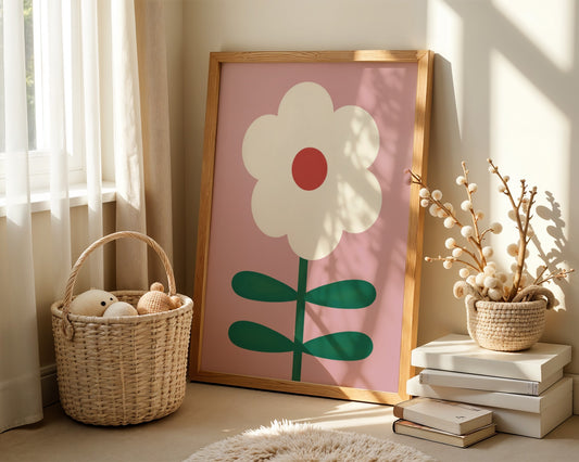 Kids wall art with bold white Daisy print and red pollen centre and four leaf stem on pink background