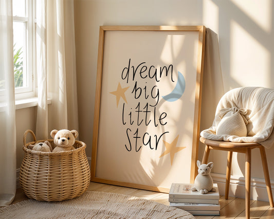 Cream nursery wall art with pale yellow stars and soft blue moon featuring the quote “dream big little star”