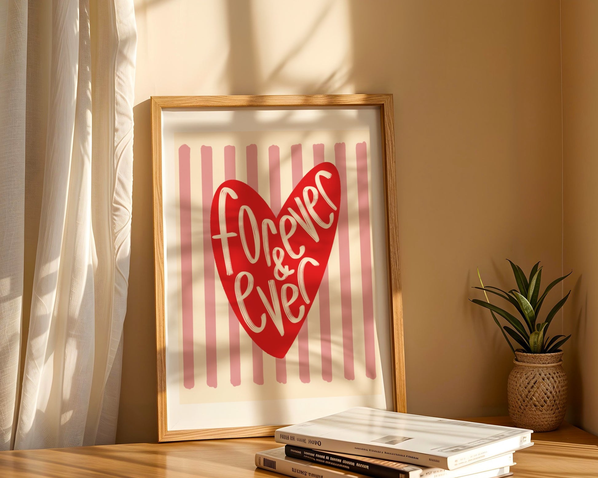 Wall art with pink striped background and bright red love heart illustration and handwritten words ‘forever & ever’ 