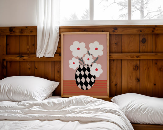 Bold floral wall art featuring a vase filled with white daisy flowers, modern botanical print with vibrant colors, perfect for home or living room decor