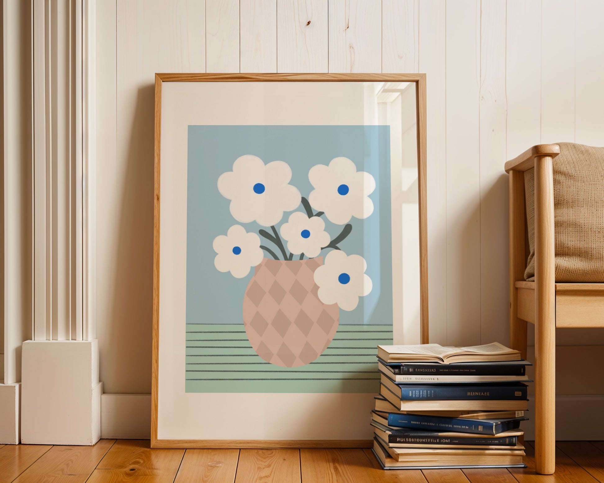 Bold floral wall art featuring a vase filled with white daisy flowers, modern botanical print with vibrant colors, perfect for home or living room decor