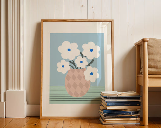 Bold floral wall art featuring a vase filled with white daisy flowers, modern botanical print with vibrant colors, perfect for home or living room decor