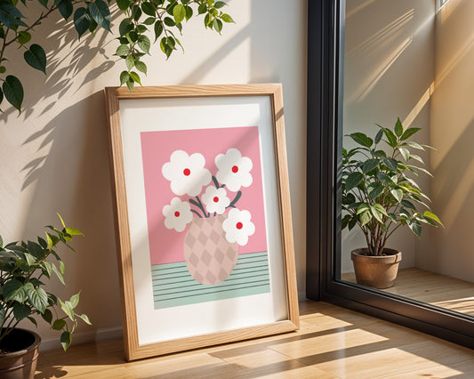 Bold floral wall art featuring a vase filled with white daisy flowers, modern botanical print with vibrant colors, perfect for home or living room decor