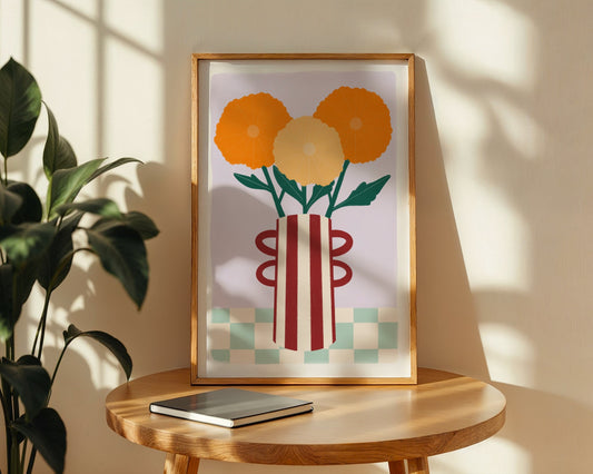 Colourful wall art featuring a striped vase filled with blooming magnolia flowers, modern botanical artwork for home decor