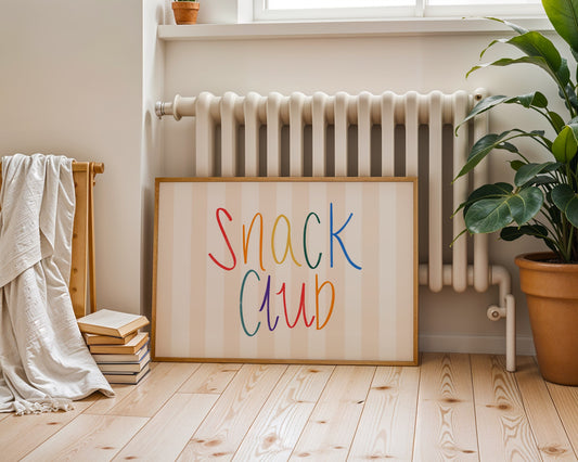 Minimalist colourful wall art print with bold typography that reads snack club, modern kitchen decor for snack lovers