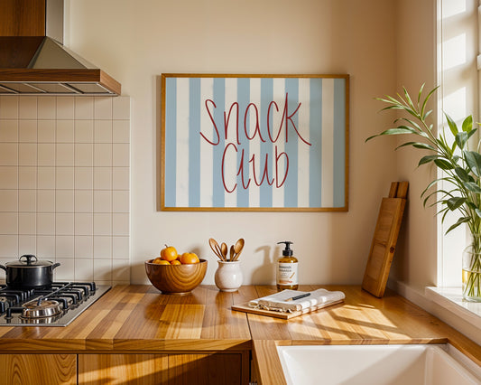 Minimalist colourful wall art print with bold typography that reads snack club, modern kitchen decor for snack lovers