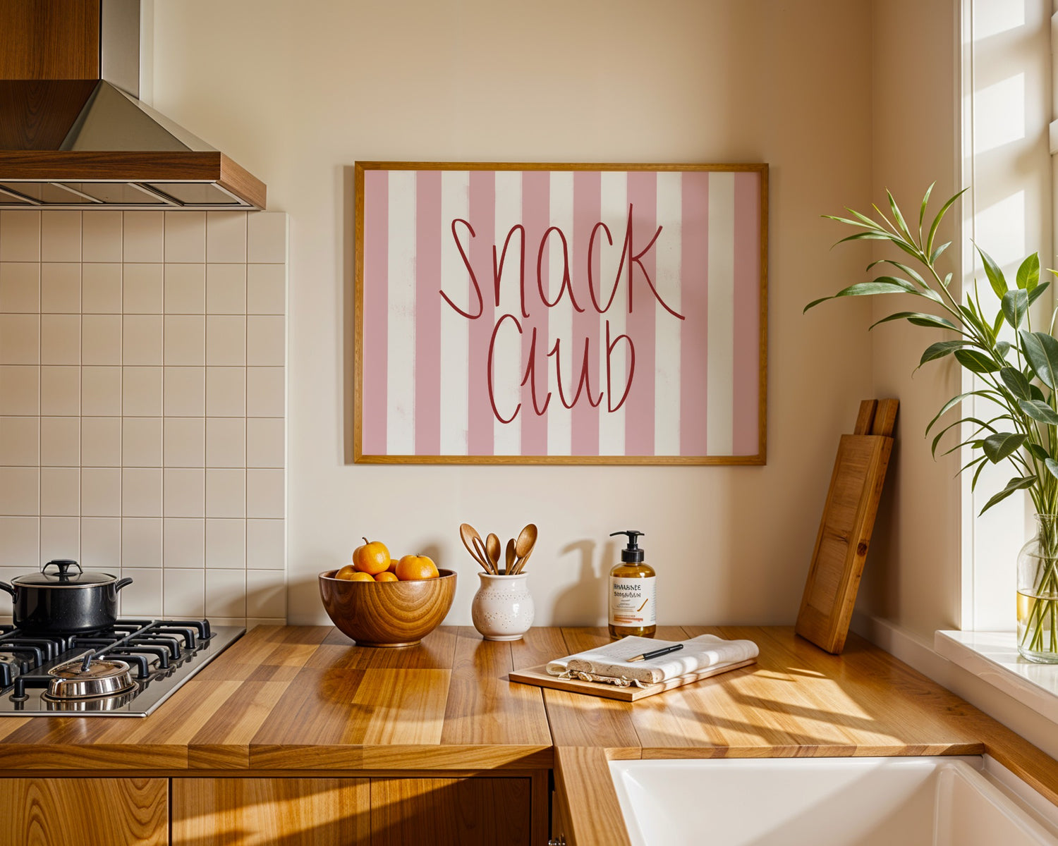 Minimalist colourful wall art print with bold typography that reads snack club, modern kitchen decor for snack lovers