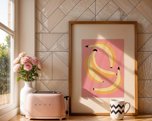 Colourful illustration of four yellow bananas on a vibrant pink background arranged playfully with bold back detail