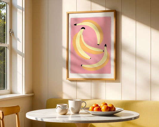 Colourful illustration of four yellow bananas on a vibrant pink background arranged playfully with bold back detail