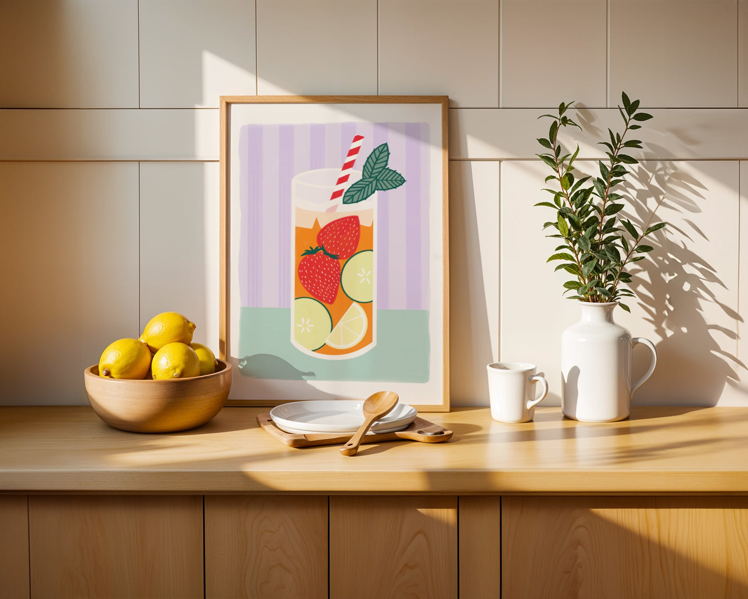 Framed artwork of a colourful Pimm’s drink with fruit on a kitchen counter with a bowl of lemons, a plant, and a cup.