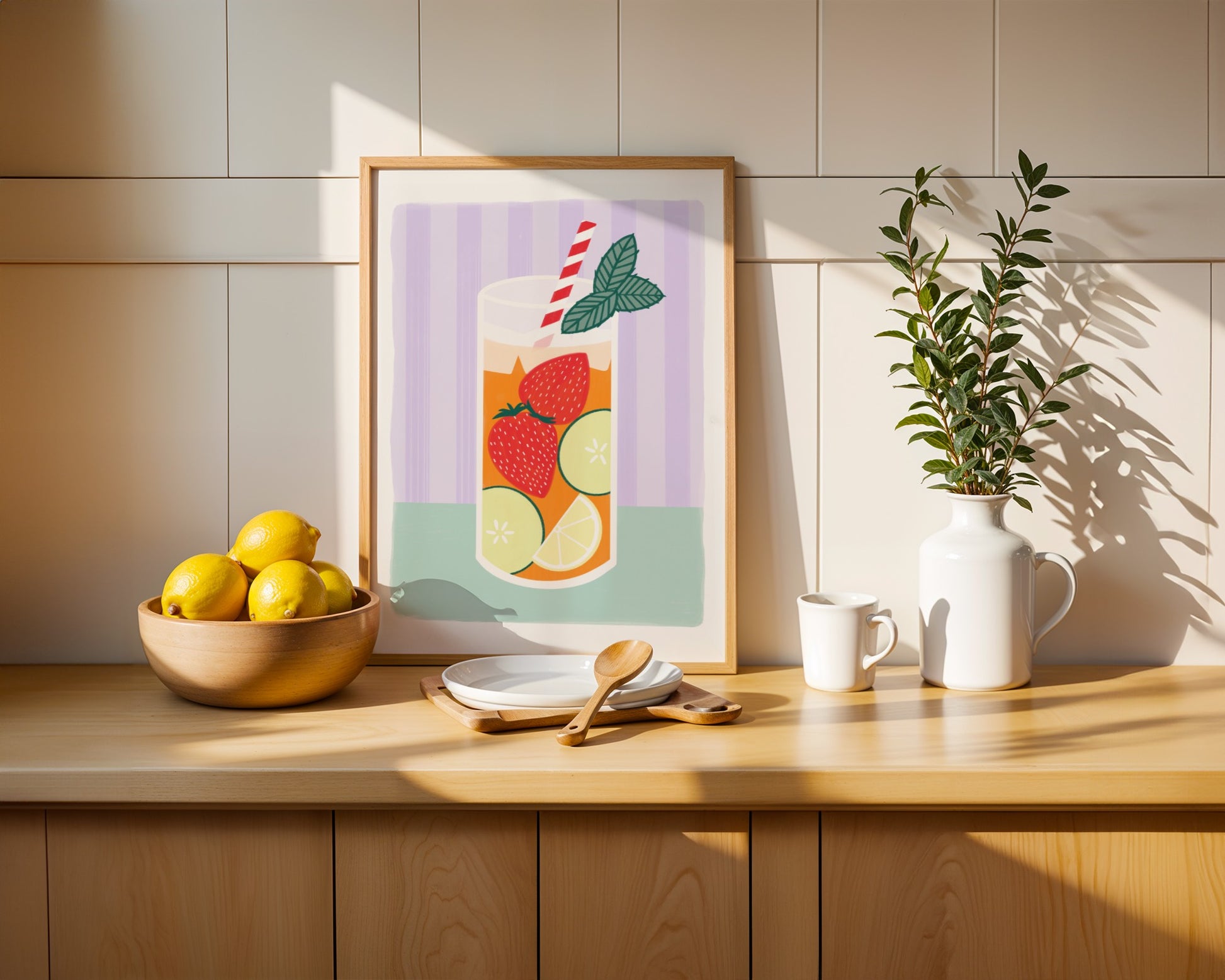 Framed artwork of a colourful Pimm’s drink with fruit on a kitchen counter with a bowl of lemons, a plant, and a cup.