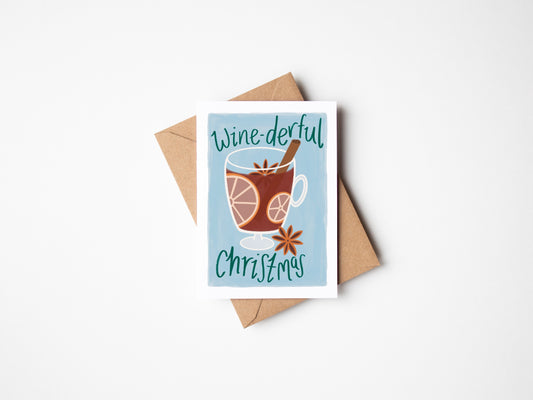 Greeting card with a wine-themed design and envelope on a white background
