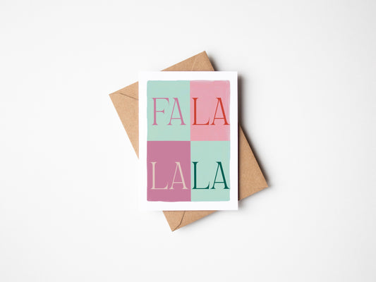 Greeting card with 'FALA LA LA' text on a white background