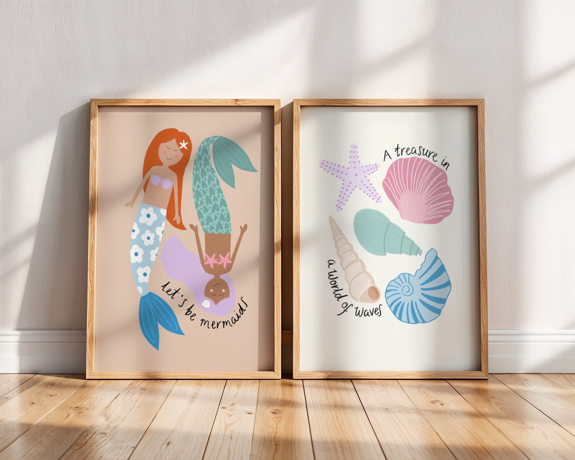 Pastel seashell wall art with pink, blue, lilac, turquoise shells of a light background, featuring the quite “A treasure in a world of waves”- coastal nursery or girls room decor.